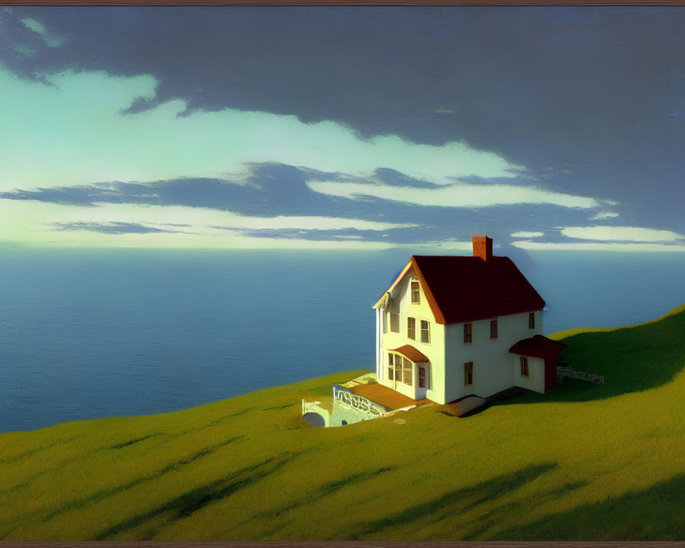 Solitary House with Red Roof on Cliff by Tranquil Sea at Twilight