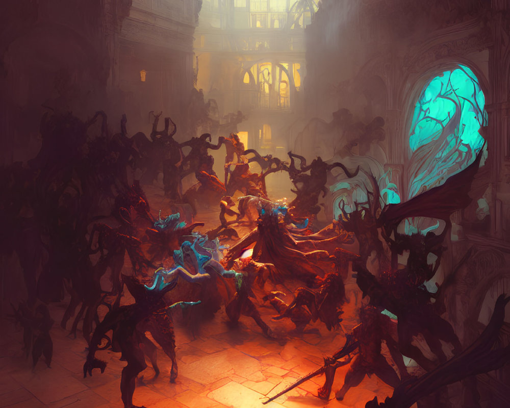 Fantasy battle scene with fighters and monsters in grand hall under glowing dome.