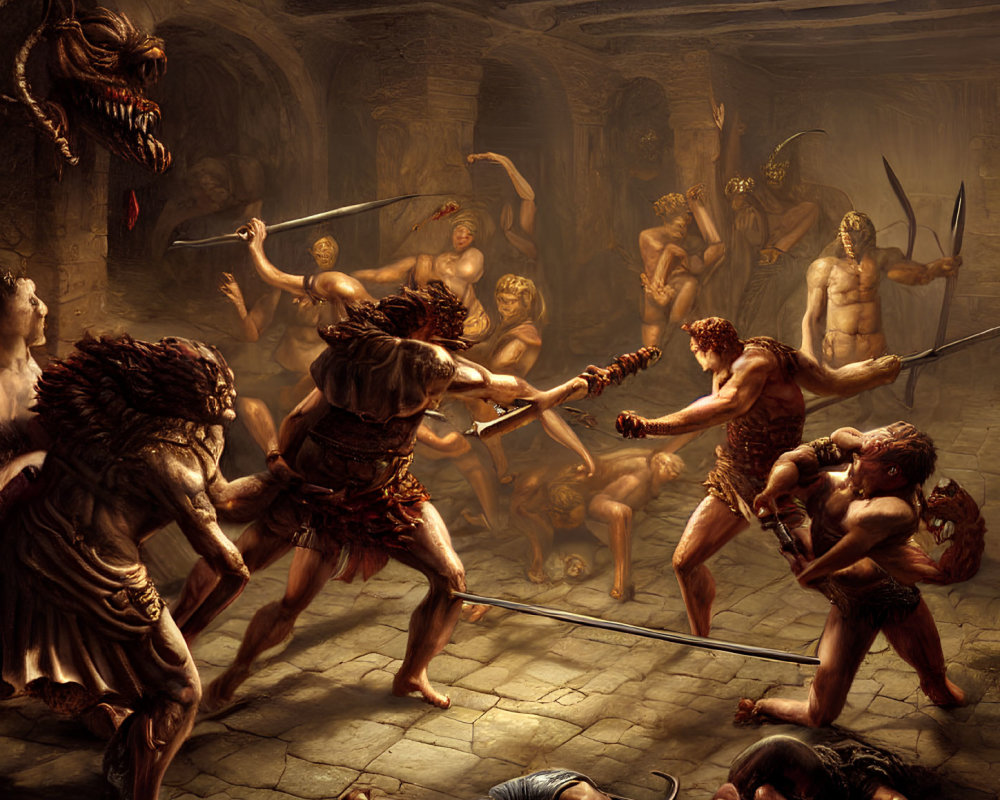 Warriors battling a multi-armed monster in a dark chamber