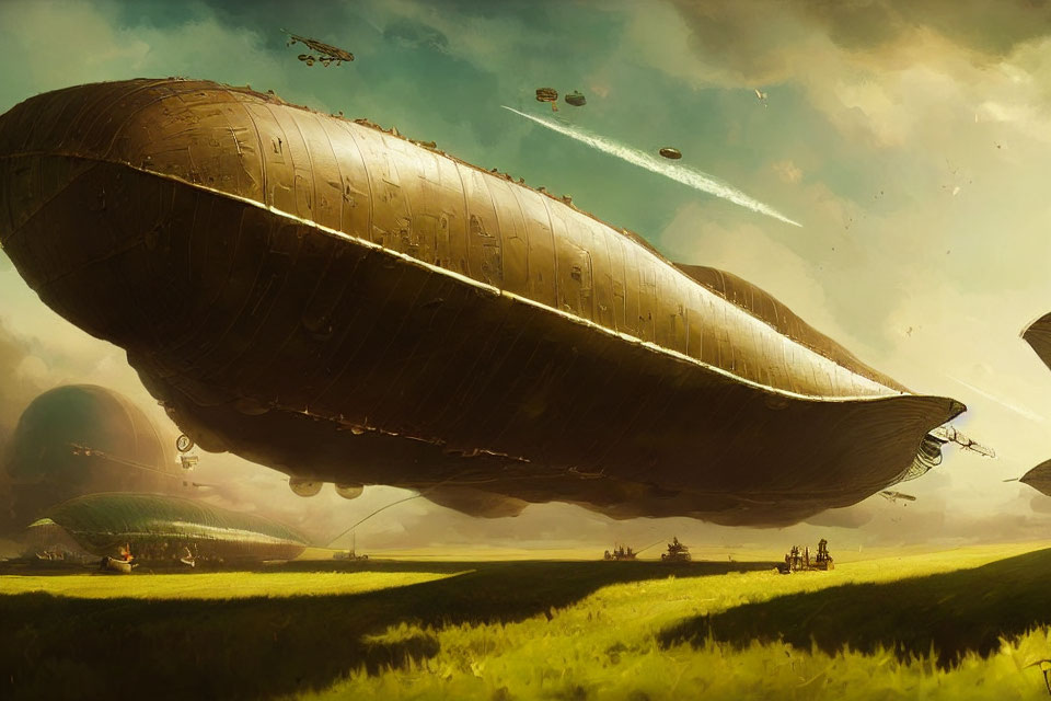 Gigantic airship in lush landscape with dynamic sky