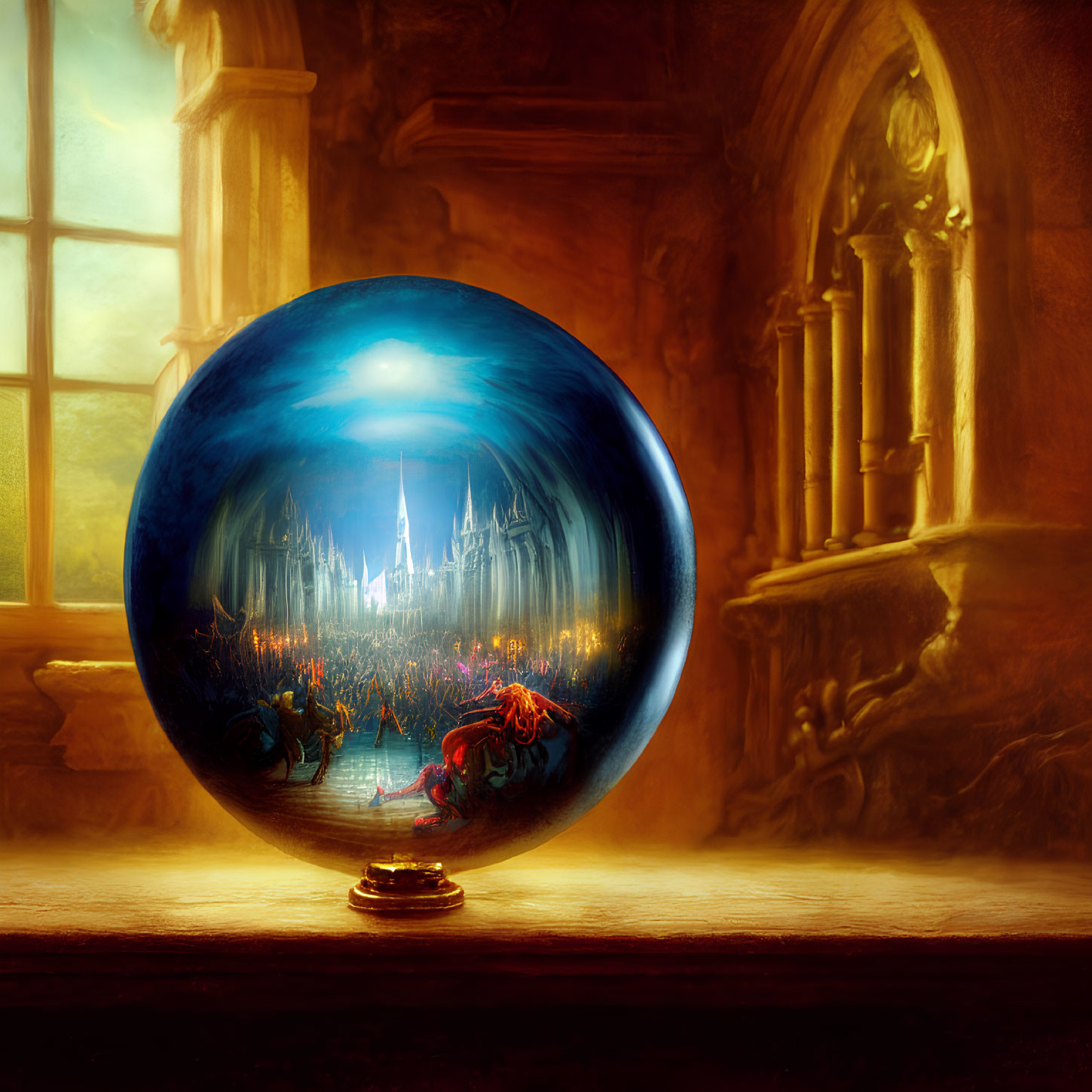 Crystal ball displays vibrant fantasy cityscape in sunlit room