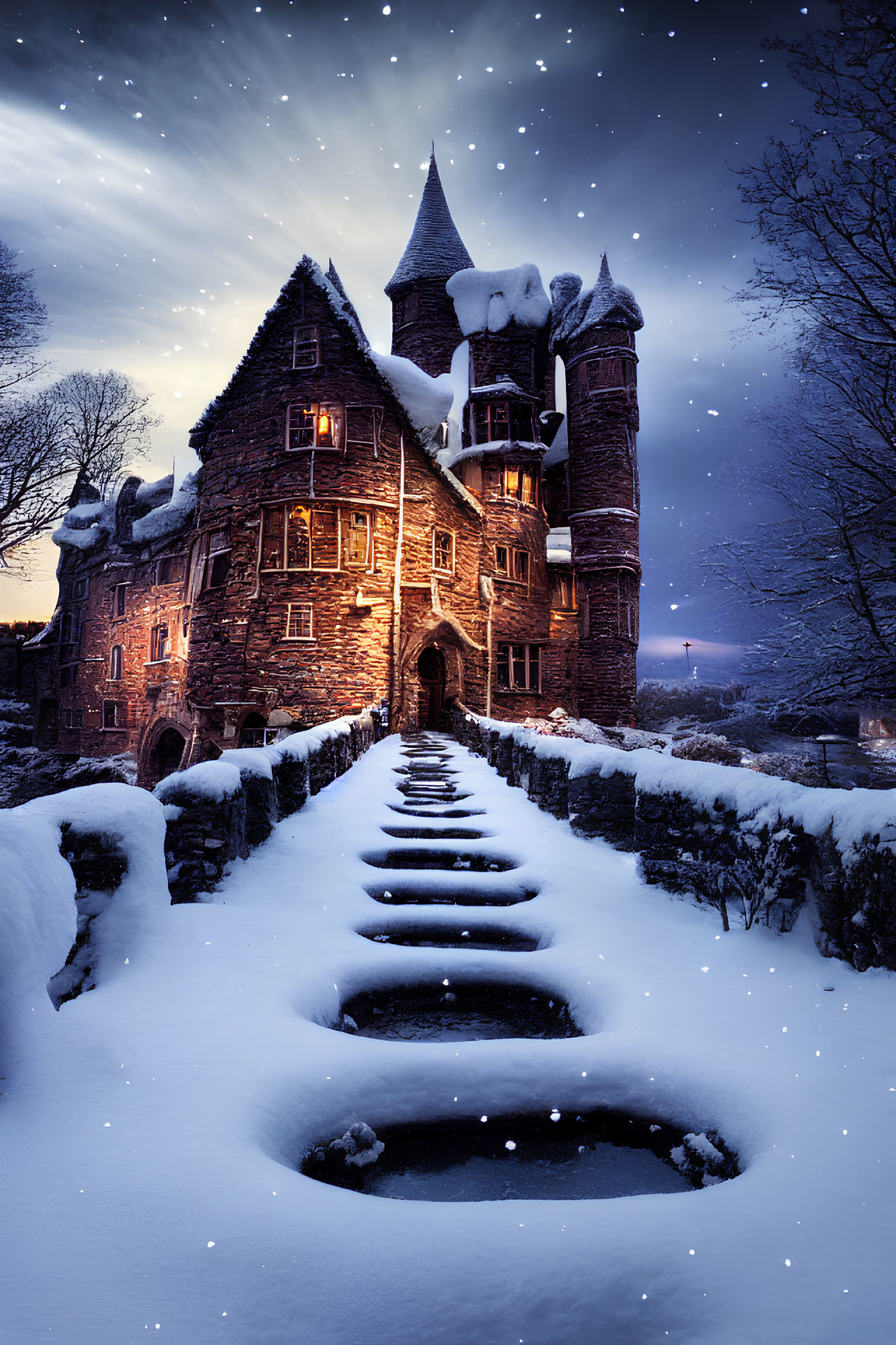 Twilight snow-covered gothic castle with illuminated windows
