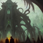 Gloomy cityscape with cloaked figures, eerie building, and massive tentacles