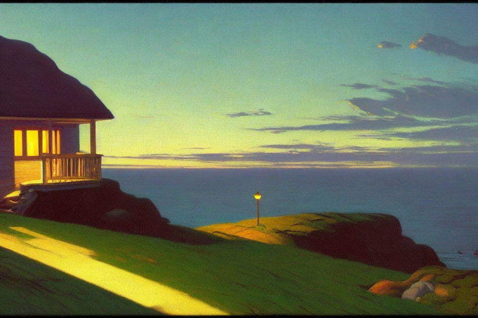 Seaside cliff house at sunset with glowing streetlamp