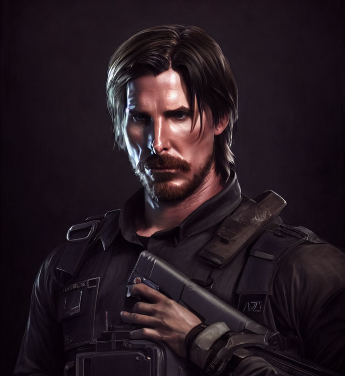 Bearded man in tactical gear with firearm on dark background