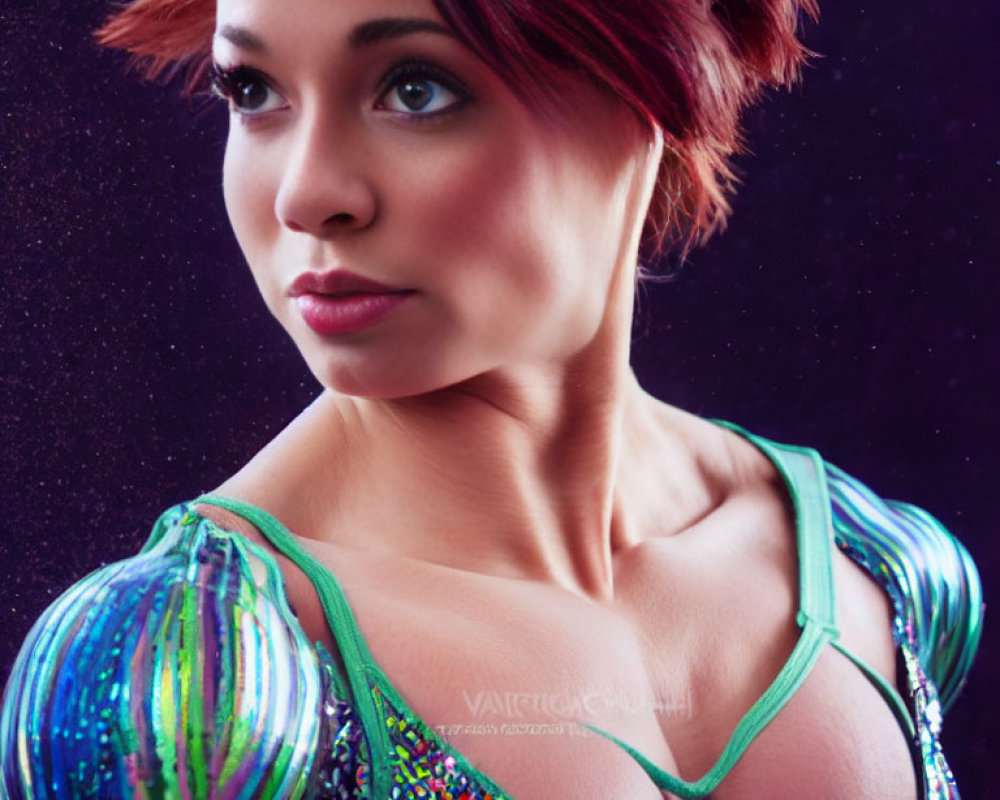 Short Red-Haired Woman in Sparkly Green Outfit on Purple Background