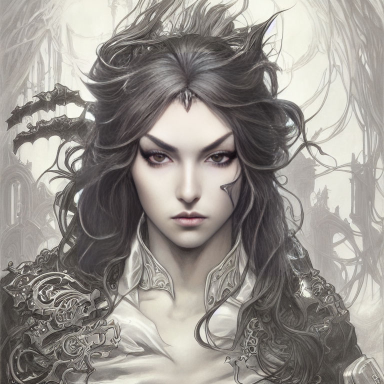 Illustrated female figure with striking eyes and ornate white armor in a fantasy gothic setting