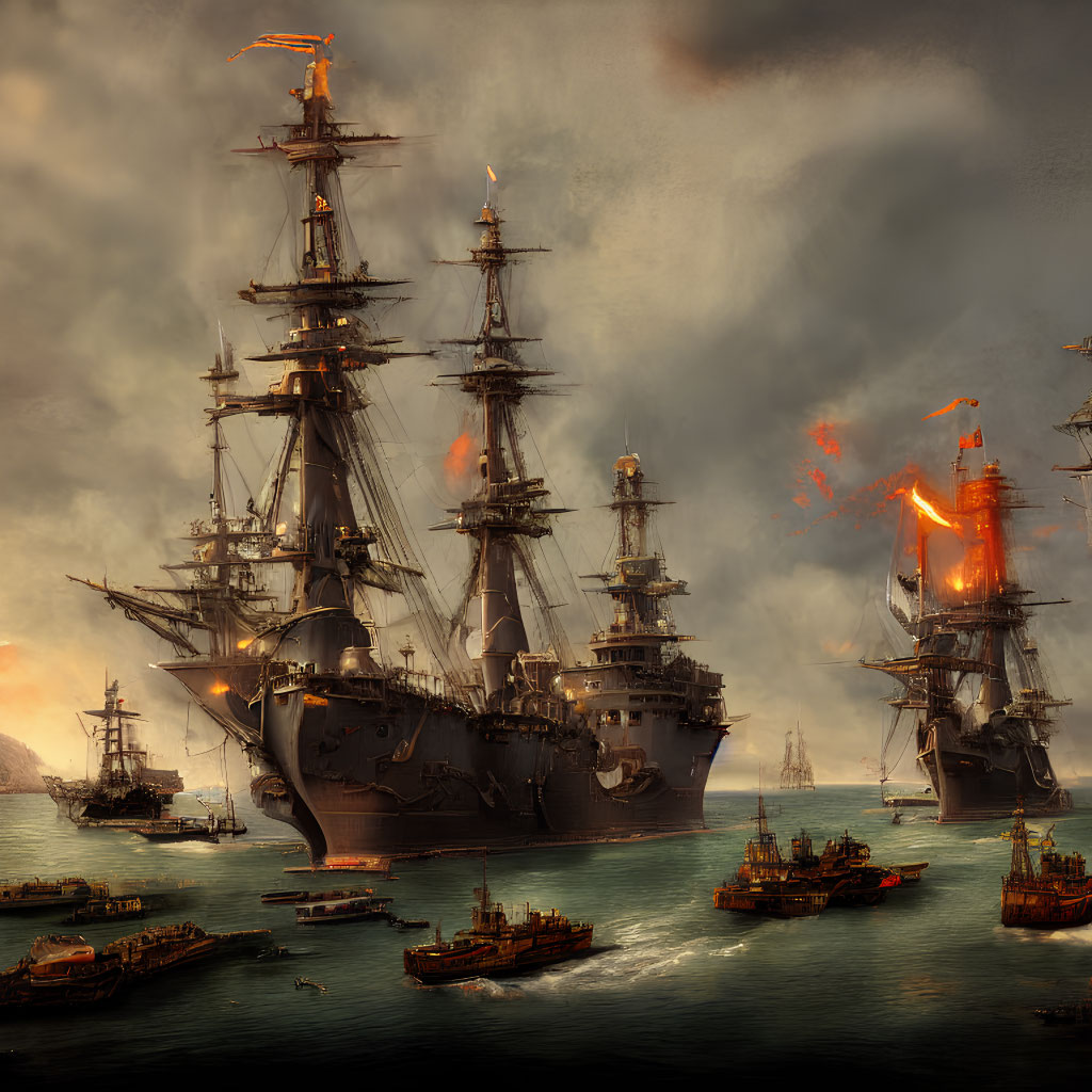Historic naval battle scene with tall sailing ships, explosions, and smoke on tumultuous sea under cloudy