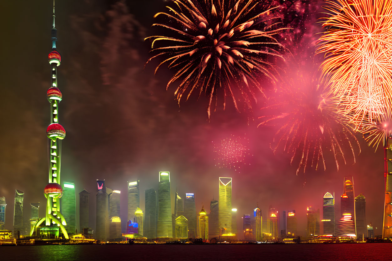 Colorful fireworks light up modern city skyline at night