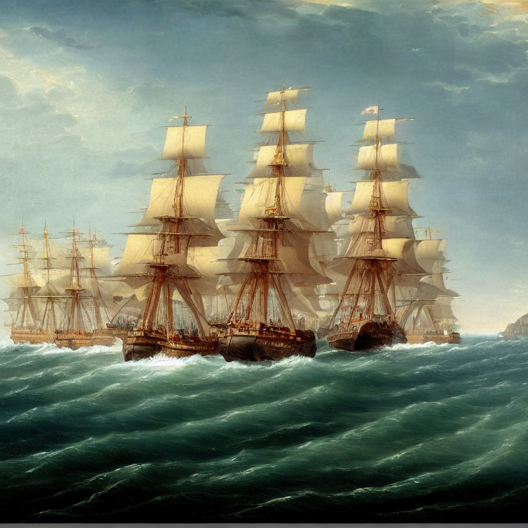 Historical maritime adventure: Three tall ships with full sails in turbulent seas