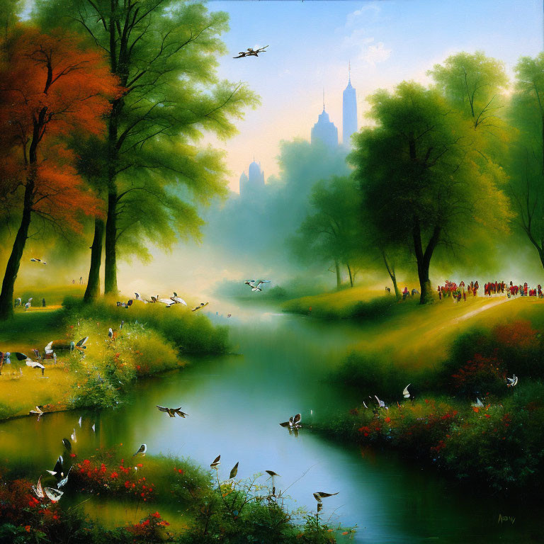 Tranquil park scene with autumn trees, river, birds, and misty city skyline
