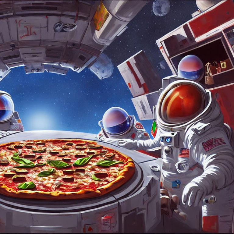 Astronauts with pepperoni pizza in space scene.