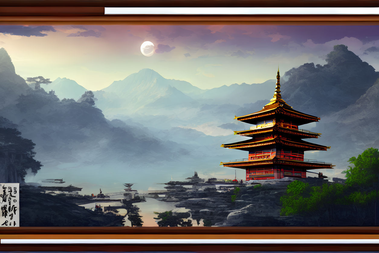 Traditional Asian pagoda near river with misty mountains in moonlit sky painting.