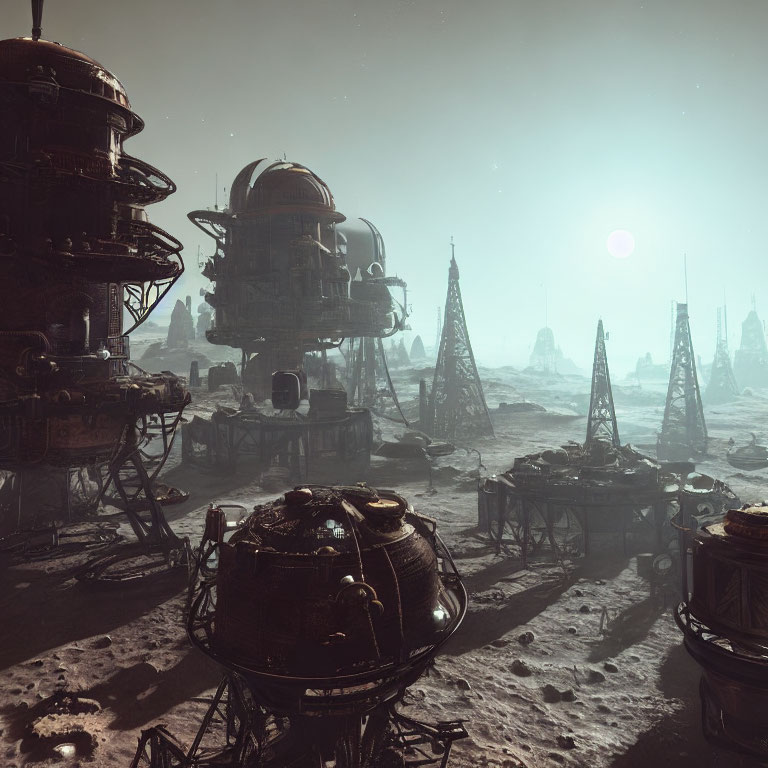 Futuristic industrial sci-fi landscape on dusty alien planet