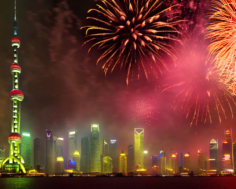 Colorful fireworks light up modern city skyline at night