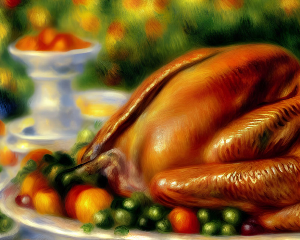 Realistic painting of roasted turkey with green peas and citrus fruit on platter.