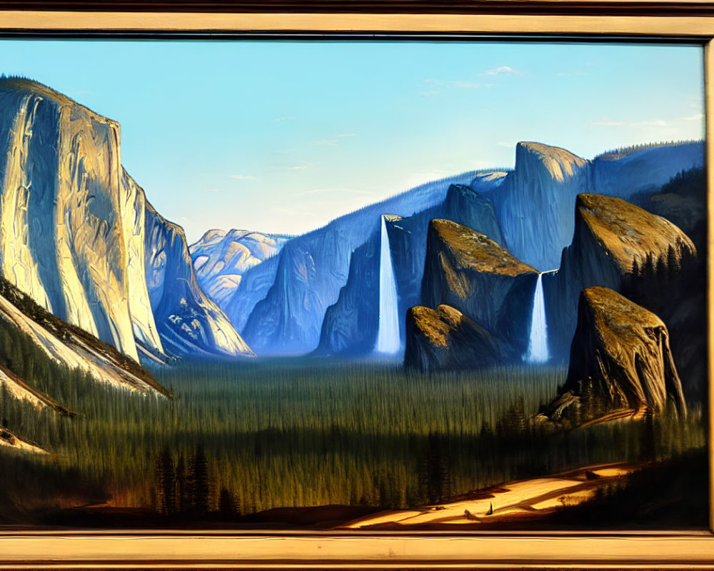 Scenic valley painting with cliffs, waterfalls, and forest under blue sky in wooden frame