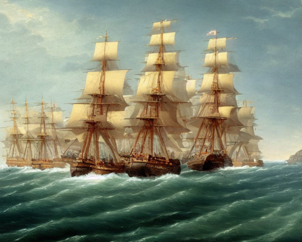 Historical maritime adventure: Three tall ships with full sails in turbulent seas