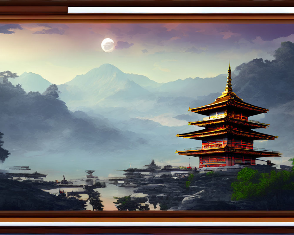 Traditional Asian pagoda near river with misty mountains in moonlit sky painting.