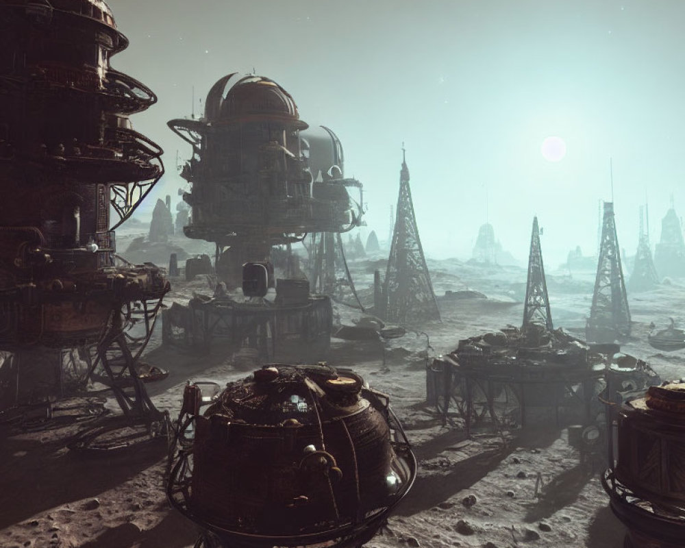 Futuristic industrial sci-fi landscape on dusty alien planet