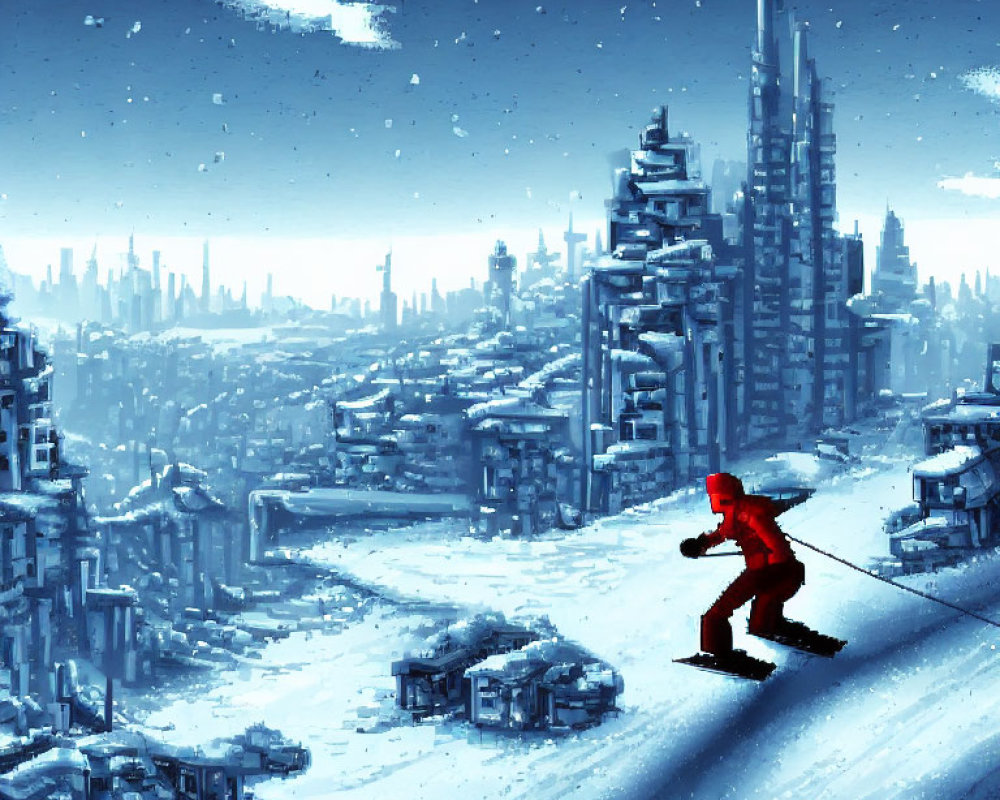 Person in red pulling sled through snowy landscape towards futuristic city under dusky sky