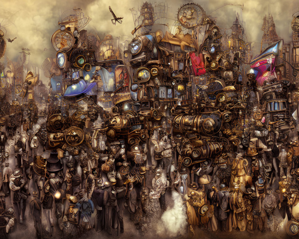 Detailed Steampunk City Scene with Airships and Vintage Attire