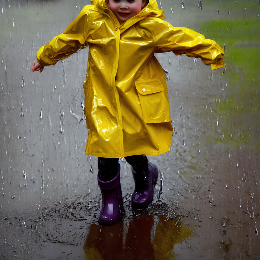 Child in yellow raincoat splashing in puddle with purple boots