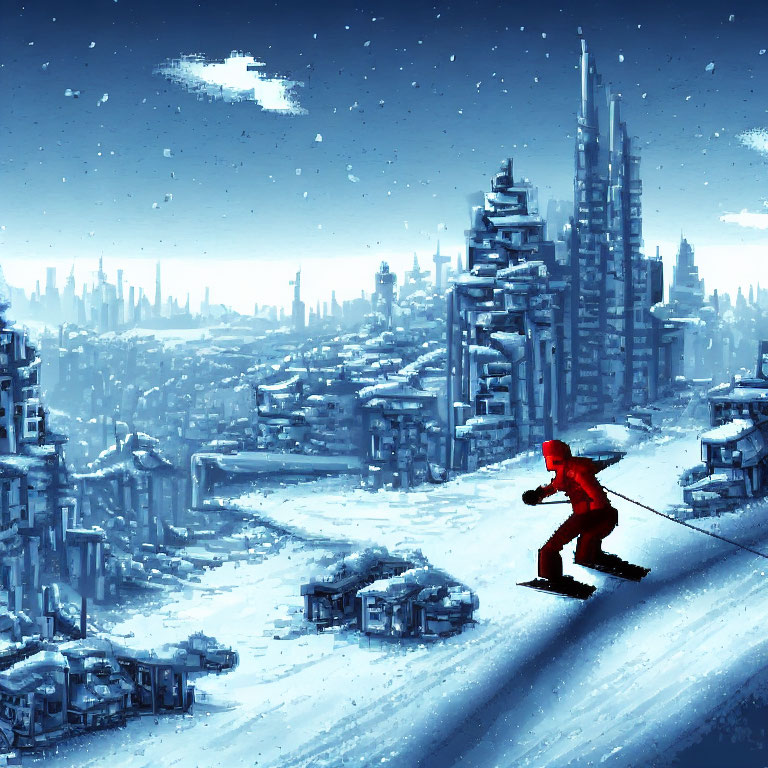 Person in red pulling sled through snowy landscape towards futuristic city under dusky sky