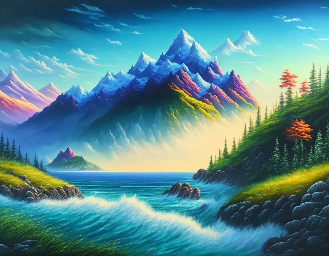 Colorful mountain landscape with river, pine trees, and blue sky