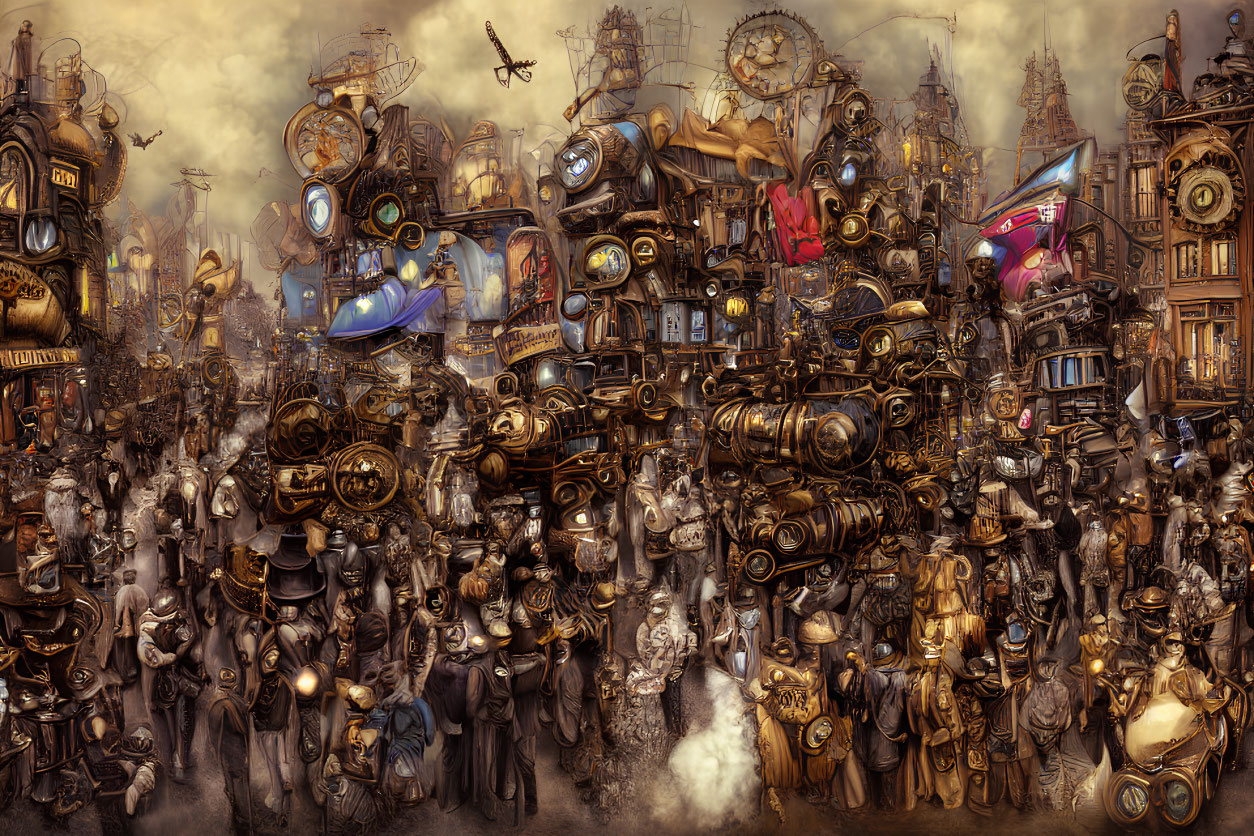 Detailed Steampunk City Scene with Airships and Vintage Attire