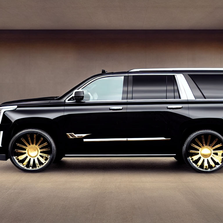 Black Luxury SUV with Shiny Golden Rims on Beige Background