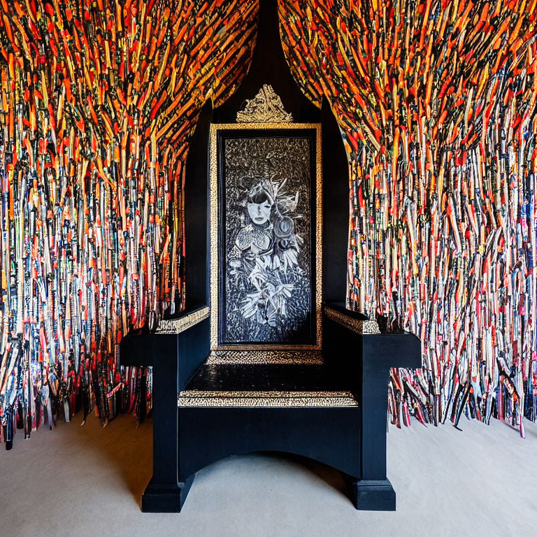 Ornate Black Chair with Colorful Threads and Portrait