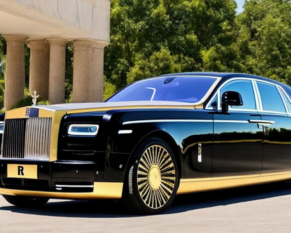 Luxurious Black and Gold Rolls-Royce with Reflective Wheels in Front of White-Columned