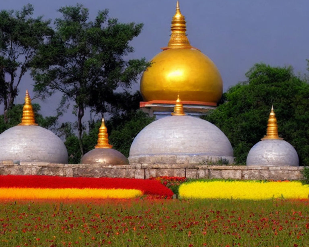 White Domes with Golden Finials Amid Colorful Blooming Flowers