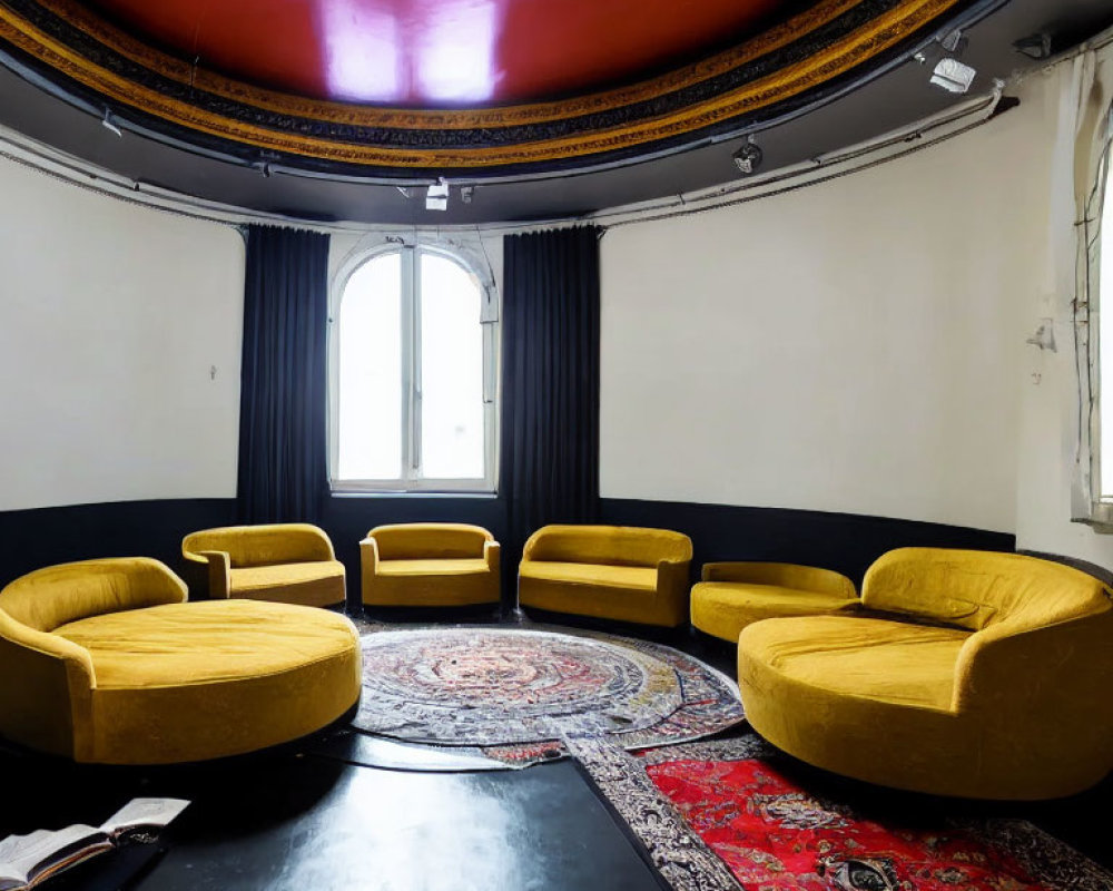 Circular room with red domed ceiling, black walls, yellow sofas, colorful rug, and natural light