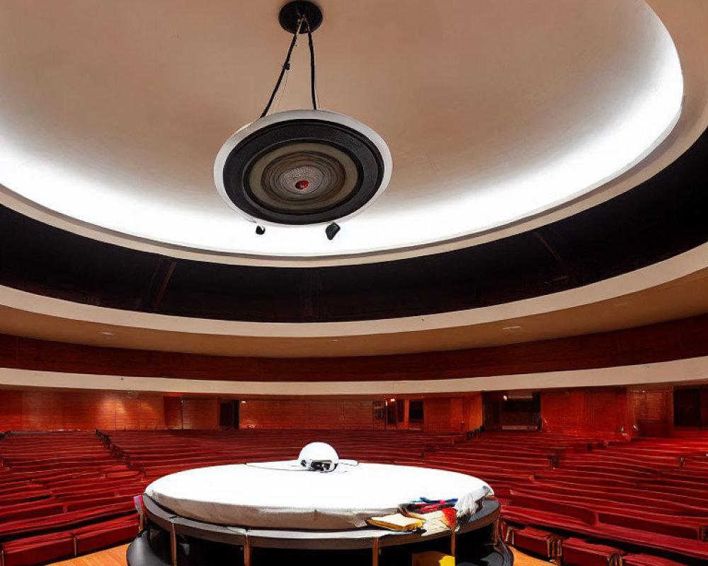 Circular modern lecture hall with white dome ceiling and central podium.