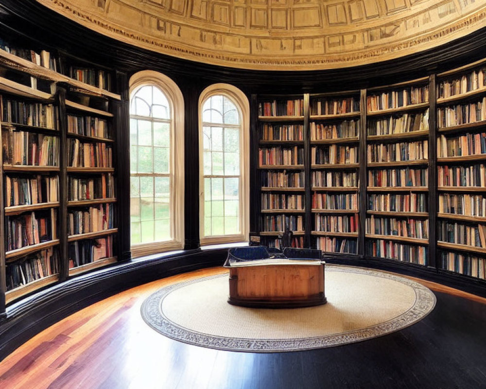 Circular library room with floor-to-ceiling bookshelves, round rug, large windows, and orn