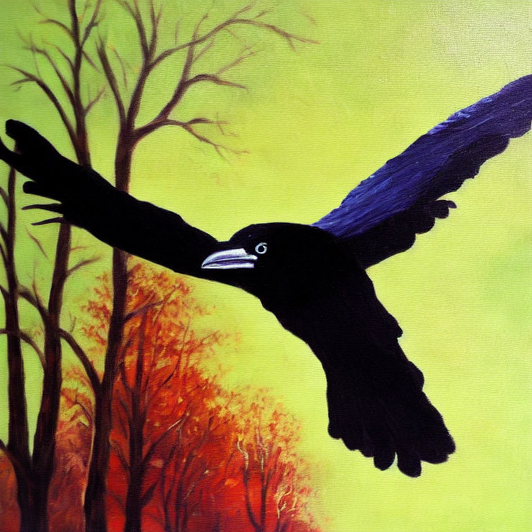 Autumnal painting featuring black bird in flight amid bare trees.