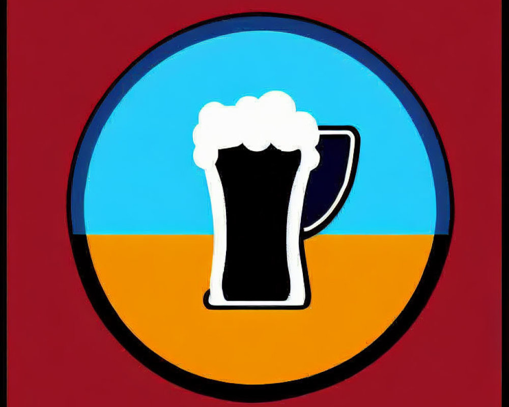 Stylized frothy beer mug icon on split blue and orange background with maroon square