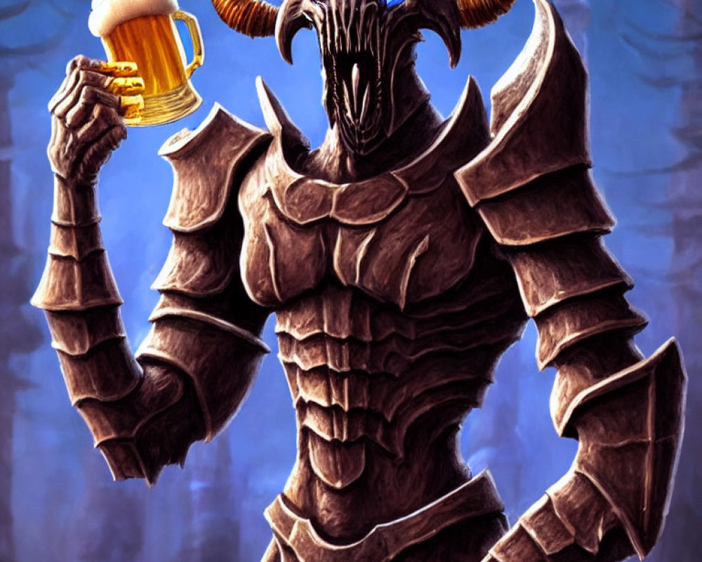 Fantasy armored character with horns and glowing blue eyes holding a mug of beer.