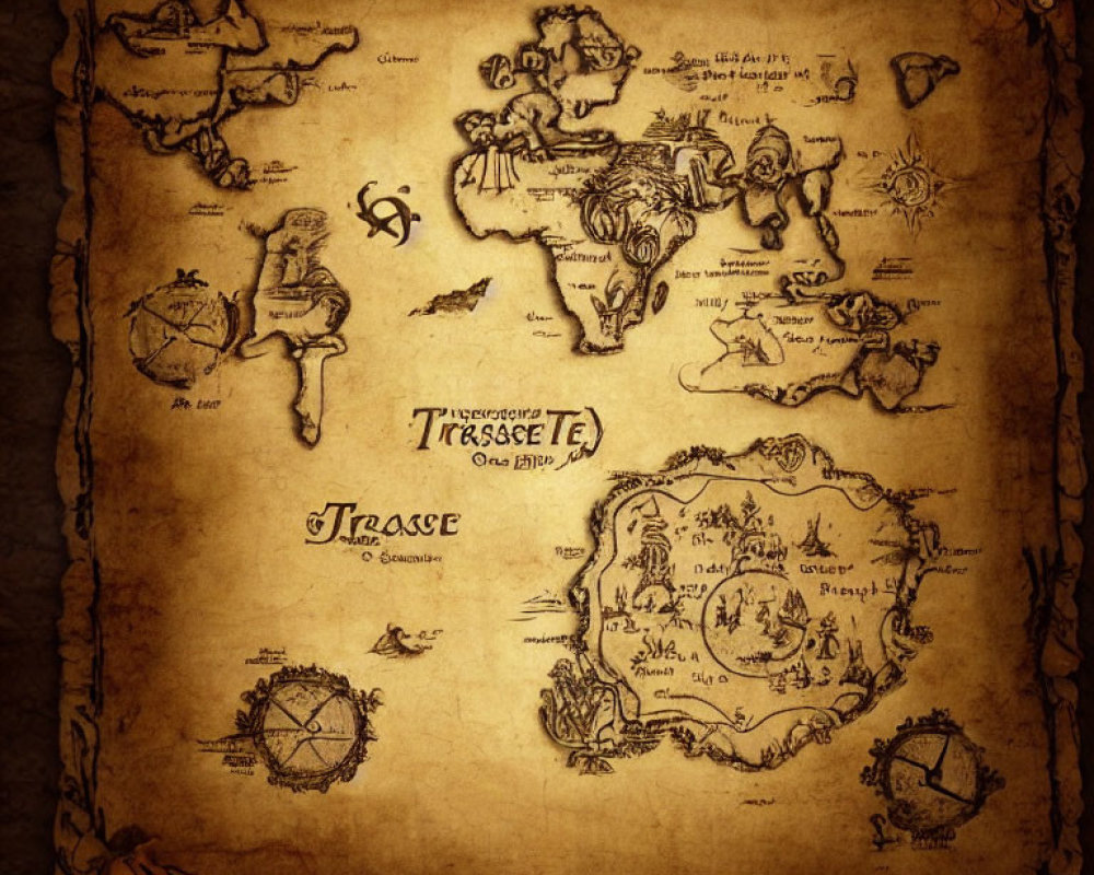 Aged sepia treasure map with whimsical drawings and pirate theme