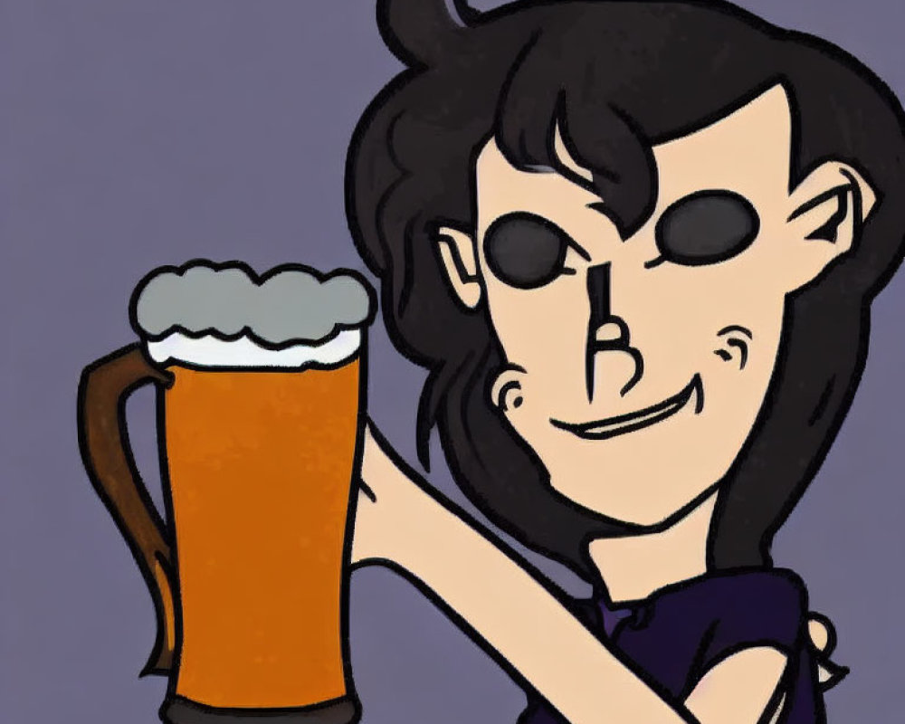 Cartoon drawing of person with black hair holding beer mug on purple background