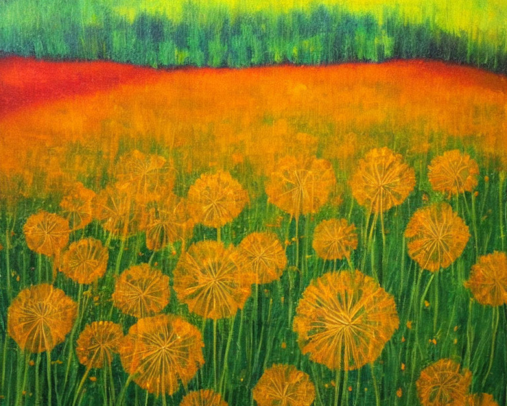 Colorful field painting with orange ground and yellow flowers on green grass
