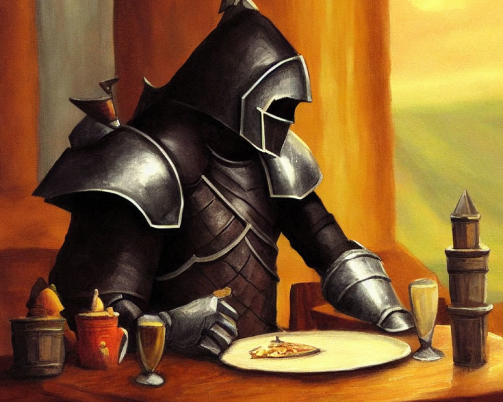 Armored knight dining at table in medieval scene