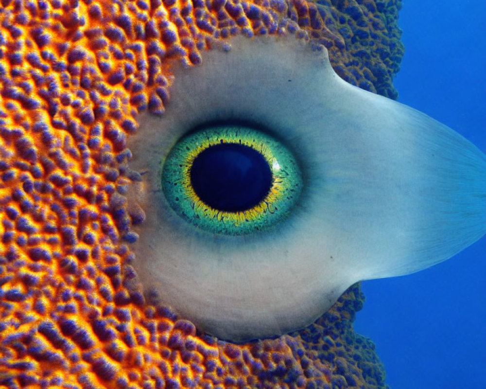 Colorful fish eye in coral with orange and purple textures underwater