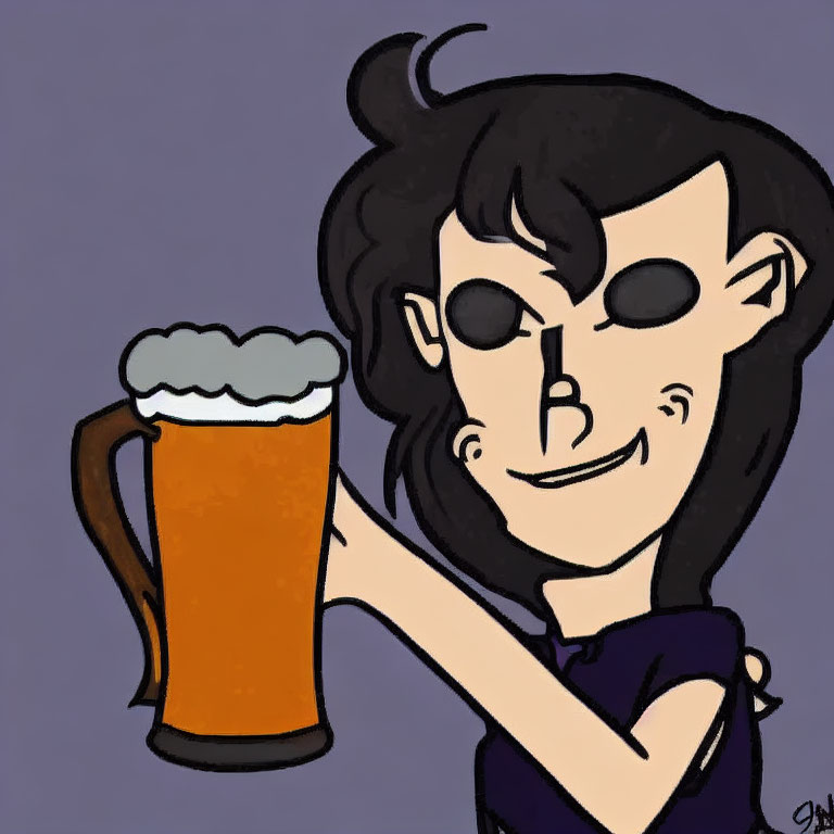 Cartoon drawing of person with black hair holding beer mug on purple background