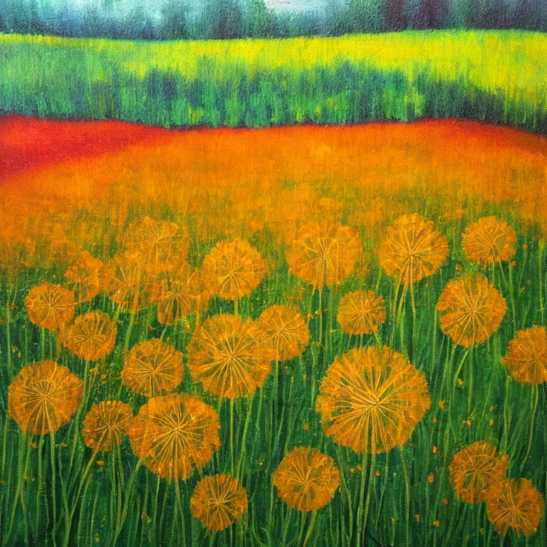 Colorful field painting with orange ground and yellow flowers on green grass