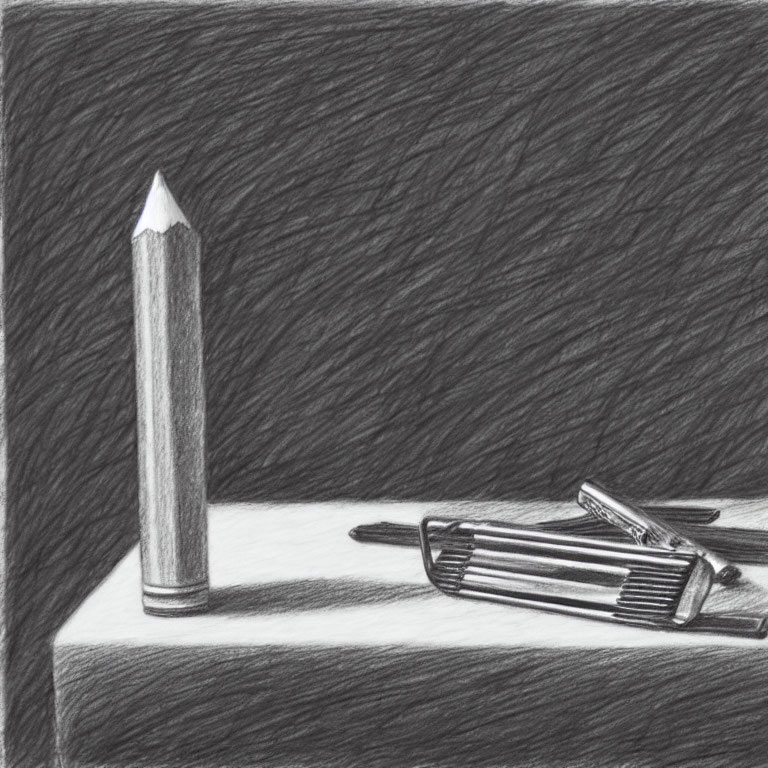 Monochrome pencil drawing of upright pencil and sketch pencils on shaded surface