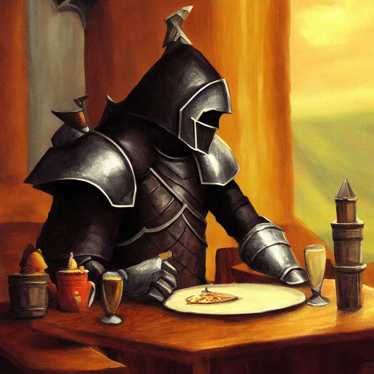Armored knight dining at table in medieval scene