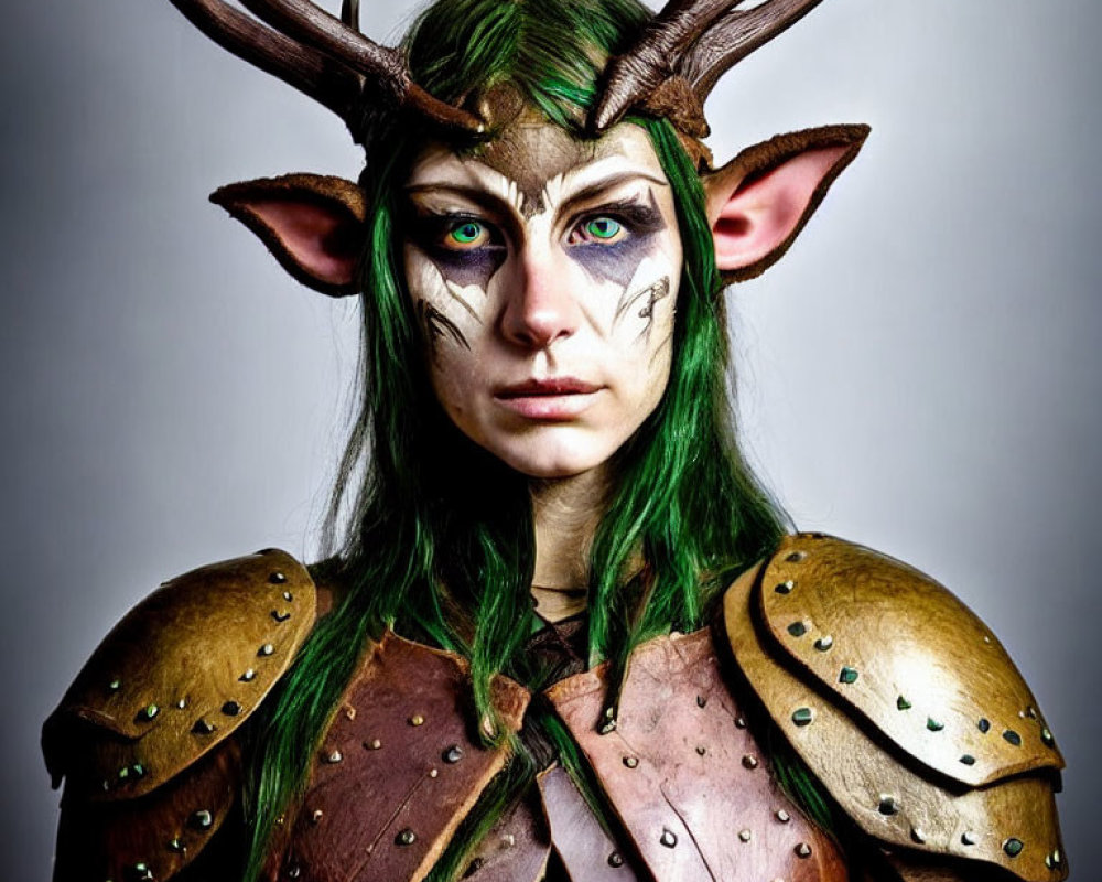 Cosplayer with realistic deer antlers and green hair